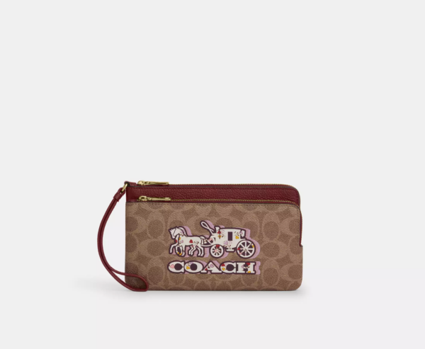 Coach Double Zip Wallet In Signature Canvas With Horse And Carriage Print (Tan Black Cherry)